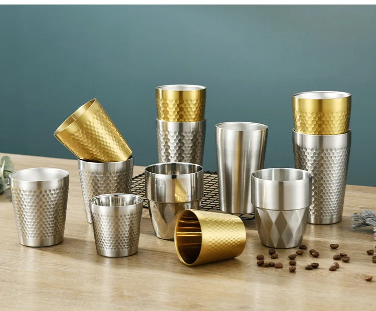 Double-Wall Keep Cold Cup - 304 Stainless Steel Mug Hammered Texture Water Mugs Coffee Travel Mug Anti-scalding Anti-fall