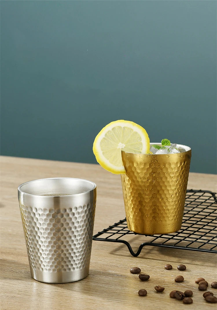 Double-Wall Keep Cold Cup - 304 Stainless Steel Mug Hammered Texture Water Mugs Coffee Travel Mug Anti-scalding Anti-fall