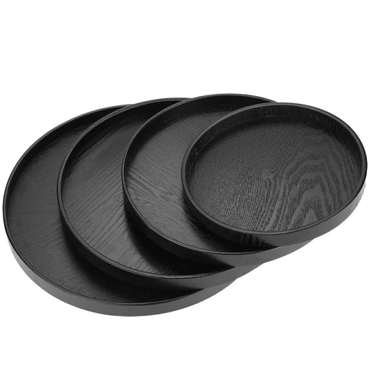 Round Shape Solid Wood Tea Coffee Snack Food Meals Serving Tray Plate Restaurant Trays 21cm Wood Round Black