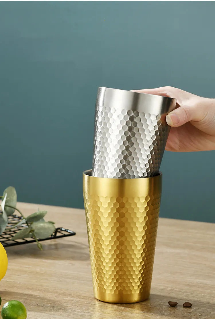 Double-Wall Keep Cold Cup - 304 Stainless Steel Mug Hammered Texture Water Mugs Coffee Travel Mug Anti-scalding Anti-fall