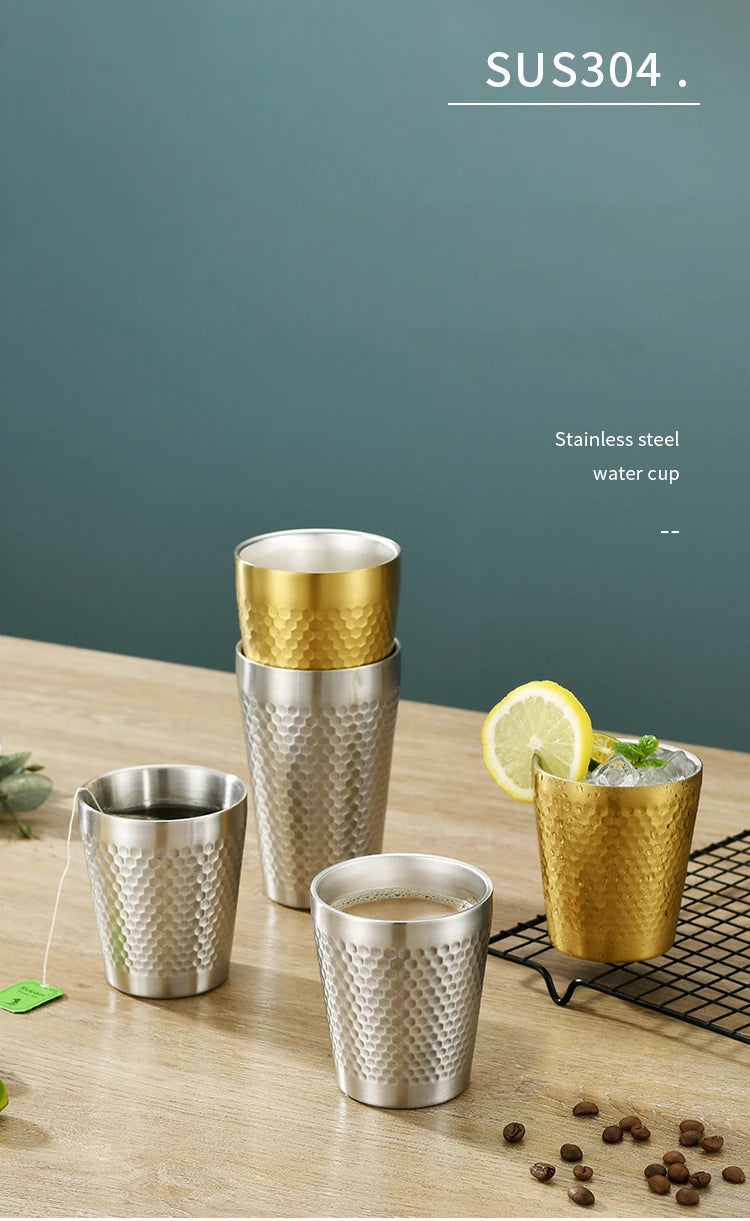 Double-Wall Keep Cold Cup - 304 Stainless Steel Mug Hammered Texture Water Mugs Coffee Travel Mug Anti-scalding Anti-fall
