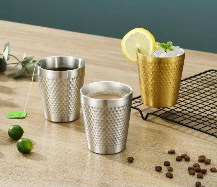 Double-Wall Keep Cold Cup - 304 Stainless Steel Mug Hammered Texture Water Mugs Coffee Travel Mug Anti-scalding Anti-fall