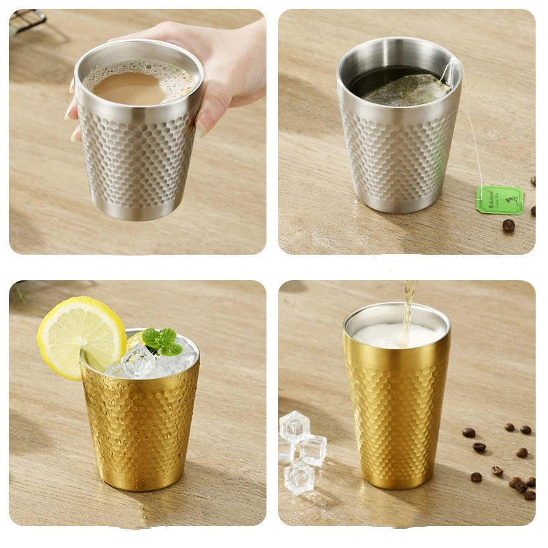 Double-Wall Keep Cold Cup - 304 Stainless Steel Mug Hammered Texture Water Mugs Coffee Travel Mug Anti-scalding Anti-fall