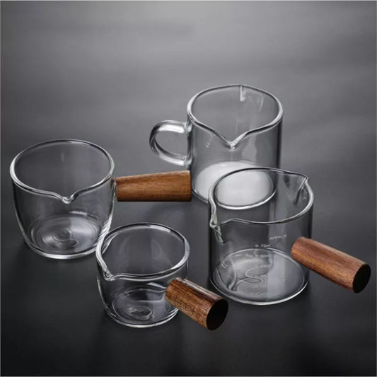 50/75/100ML Espresso Measuring Cup with Wooden Handle Double/Single Spouts Clear