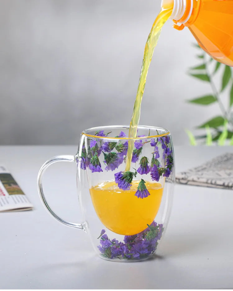 Dried Flower Double Wall Glass Coffee Mugs 350ml - Double Insulated Glass Cup Gift