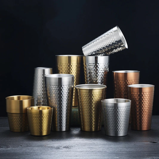 Double-Wall Keep Cold Cup - 304 Stainless Steel Mug Hammered Texture Water Mugs Coffee Travel Mug Anti-scalding Anti-fall