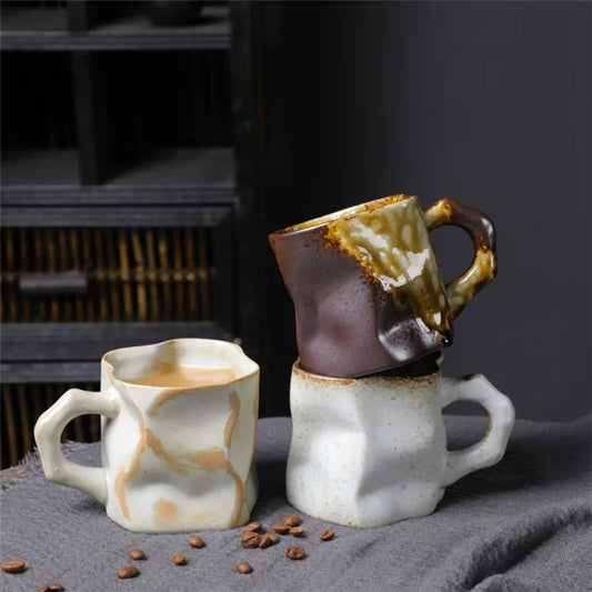 Irregular Shape Ceramic Coffee Cups with Handle - Creative Pottery Mugs Coffee Cup