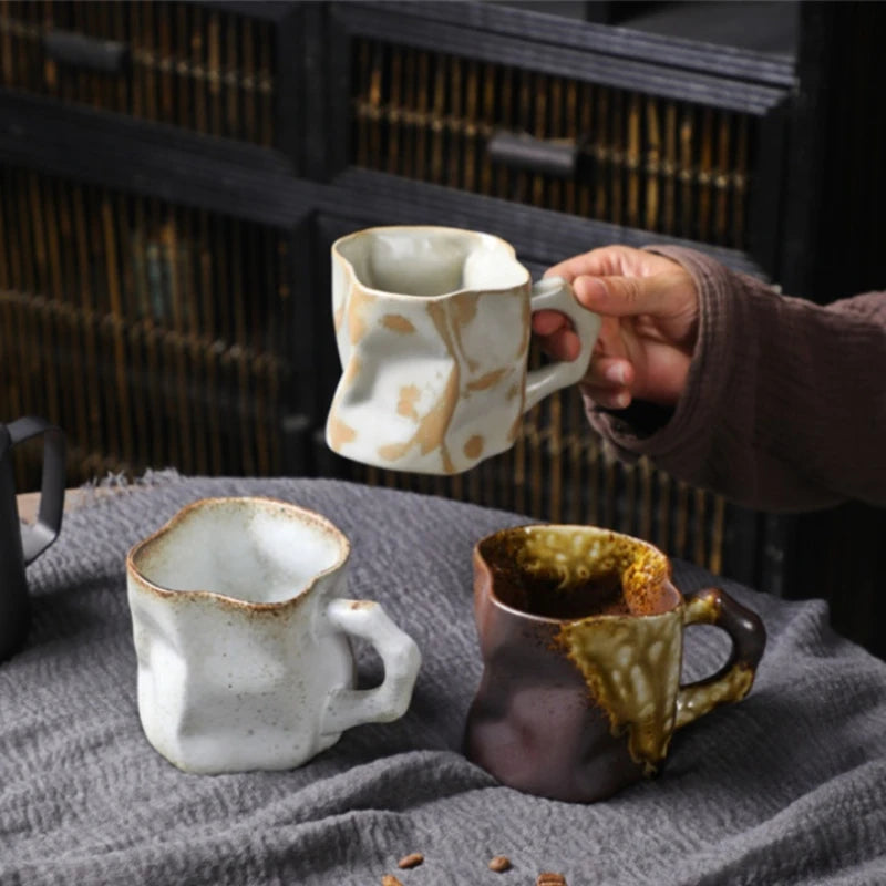 Irregular Shape Ceramic Coffee Cups with Handle - Creative Pottery Mugs Coffee Cup
