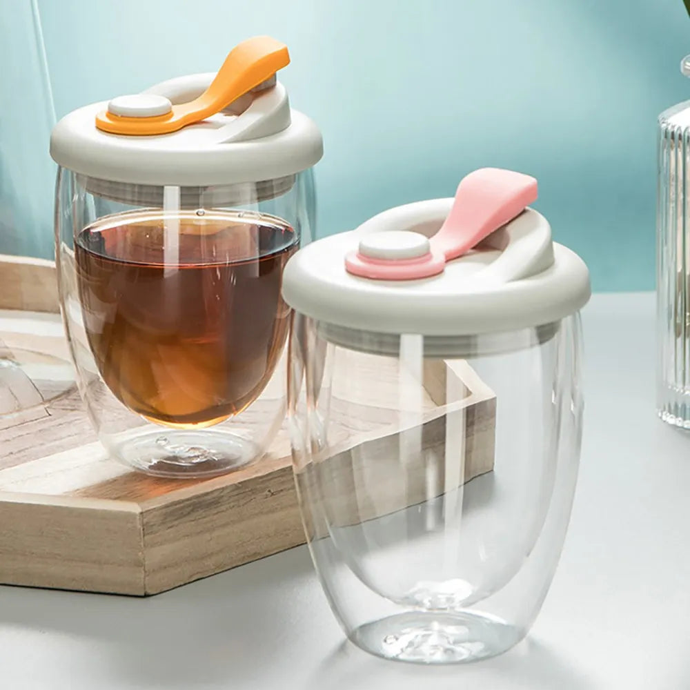 Cute Portable Water Cup Double Wall Glass Cup With Leak-Proof Lid - Transparent Insulated Coffee Cups Dink ware
