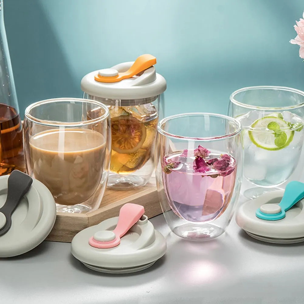 Cute Portable Water Cup Double Wall Glass Cup With Leak-Proof Lid - Transparent Insulated Coffee Cups Dink ware