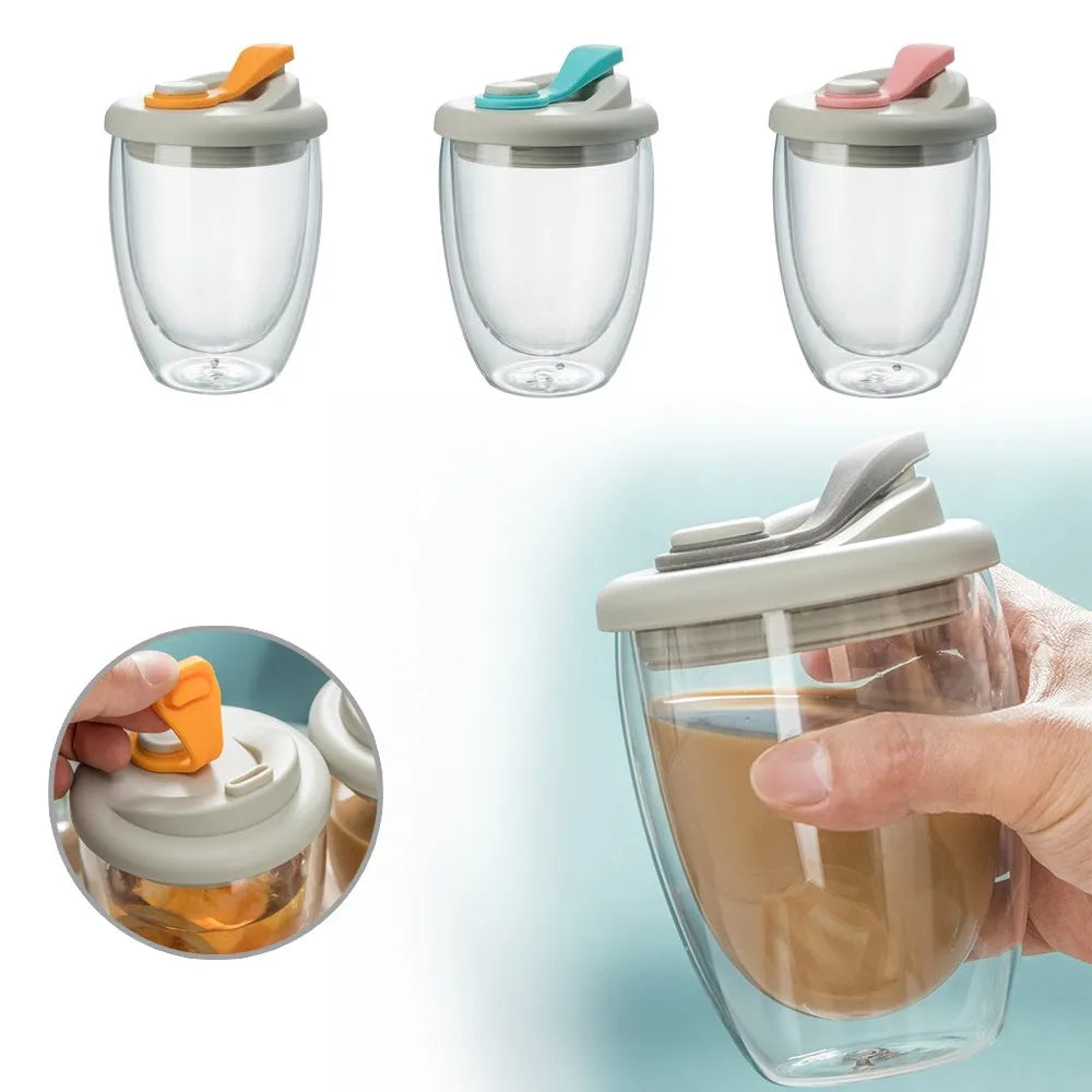 Cute Portable Water Cup Double Wall Glass Cup With Leak-Proof Lid - Transparent Insulated Coffee Cups Dink ware