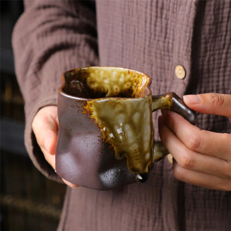 Irregular Shape Ceramic Coffee Cups with Handle - Creative Pottery Mugs Coffee Cup