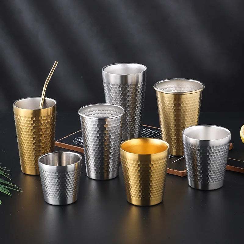 Double-Wall Keep Cold Cup - 304 Stainless Steel Mug Hammered Texture Water Mugs Coffee Travel Mug Anti-scalding Anti-fall