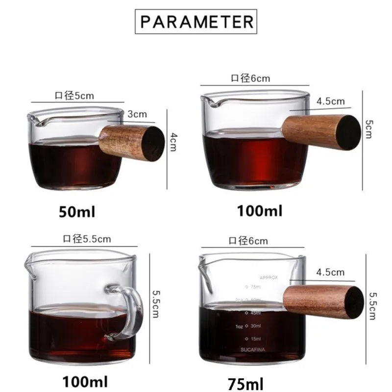 50/75/100ML Espresso Measuring Cup with Wooden Handle Double/Single Spouts Clear