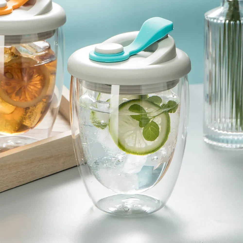 Cute Portable Water Cup Double Wall Glass Cup With Leak-Proof Lid - Transparent Insulated Coffee Cups Dink ware