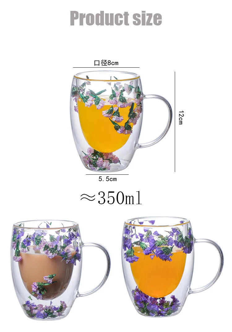 Dried Flower Double Wall Glass Coffee Mugs 350ml - Double Insulated Glass Cup Gift