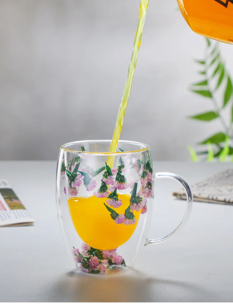 Dried Flower Double Wall Glass Coffee Mugs 350ml - Double Insulated Glass Cup Gift