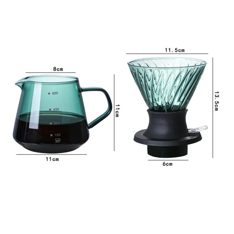 600ML Glass V60 Pour over Coffee Maker V Shape Drip Coffee Dripper and Filters Green
