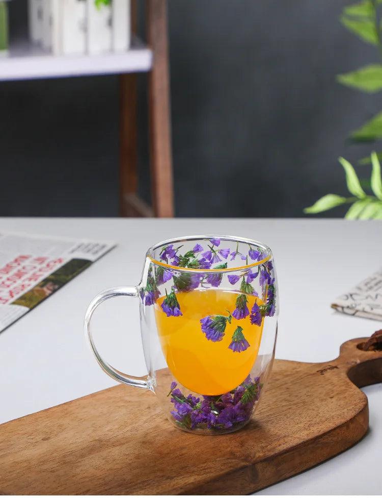 Dried Flower Double Wall Glass Coffee Mugs 350ml - Double Insulated Glass Cup Gift