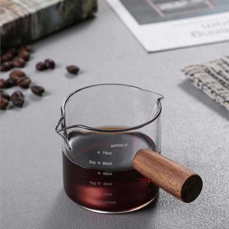 50/75/100ML Espresso Measuring Cup with Wooden Handle Double/Single Spouts Clear