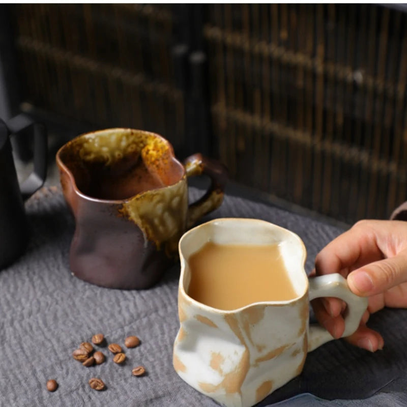 Irregular Shape Ceramic Coffee Cups with Handle - Creative Pottery Mugs Coffee Cup