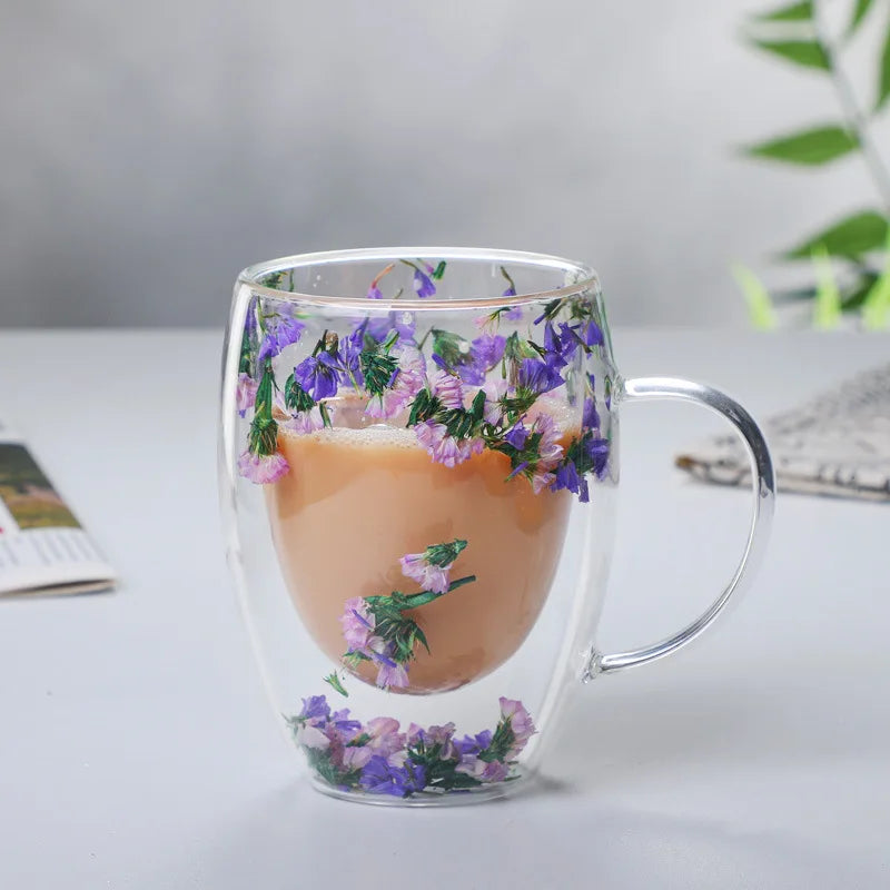 Dried Flower Double Wall Glass Coffee Mugs 350ml - Double Insulated Glass Cup Gift