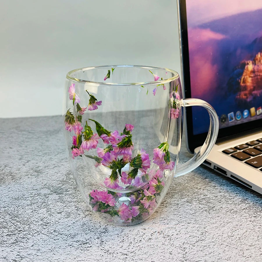 Dried Flower Double Wall Glass Coffee Mugs 350ml - Double Insulated Glass Cup Gift