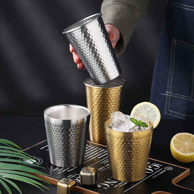 Double-Wall Keep Cold Cup - 304 Stainless Steel Mug Hammered Texture Water Mugs Coffee Travel Mug Anti-scalding Anti-fall