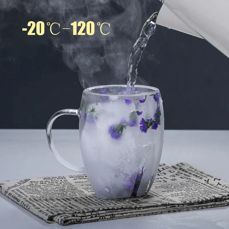 Dried Flower Double Wall Glass Coffee Mugs 350ml - Double Insulated Glass Cup Gift